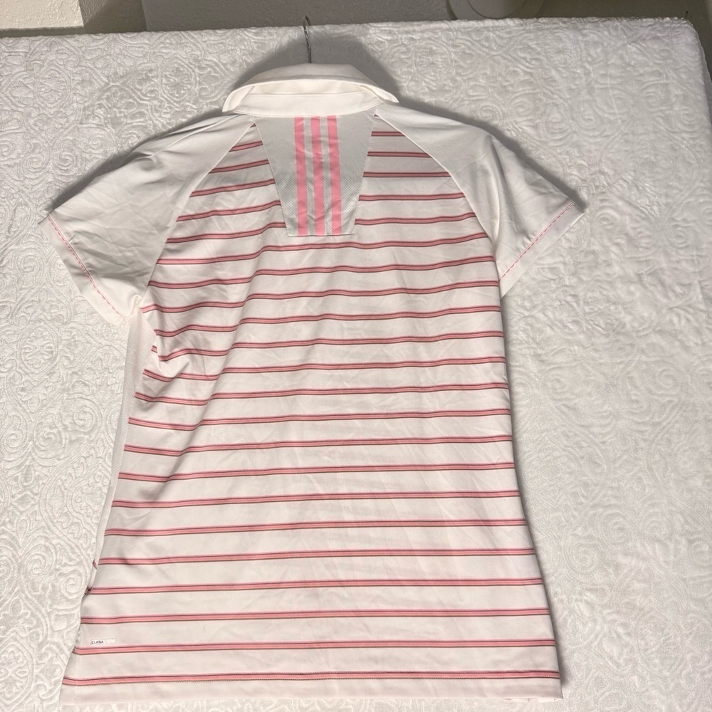 Adidas Women’s ClimaCool Golf Polo Shirt Size M White Pink Striped New with Tags - Picture 2 of 10